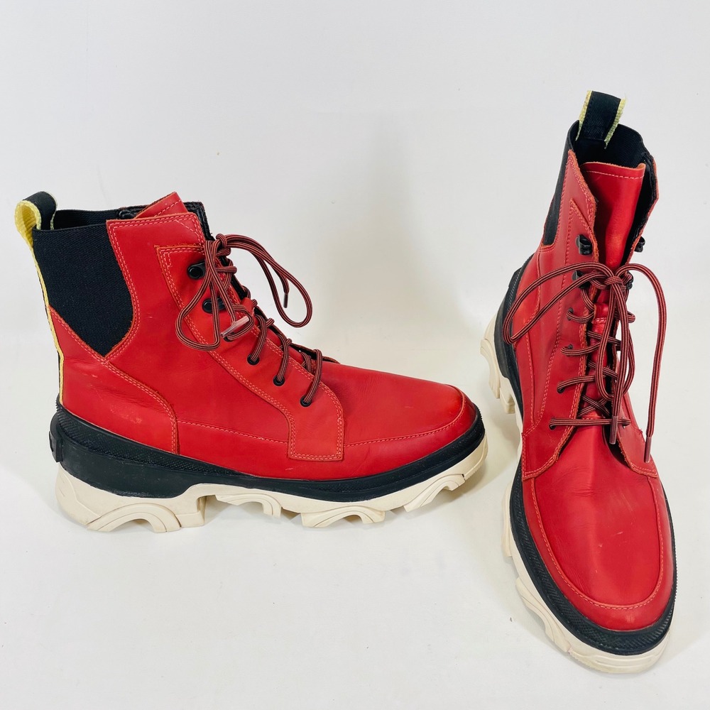Sorel Kinetic Conquest Red Waterproof Leather Sneaker Boots Womens 12 NL4305-849